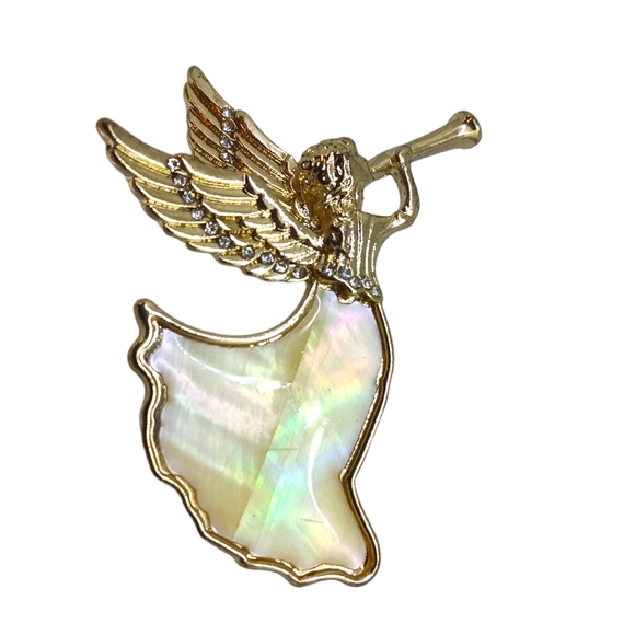 Jones New York Jewelry - Vintage Jones New York Angel Trumpet Brooch, Gold Tone, Mother of Pearl
